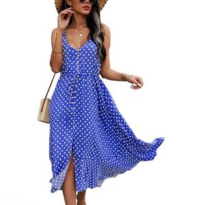 Brovave Casual Boho Sundress Blue Polka Dot Flowy Midi Dress Medium